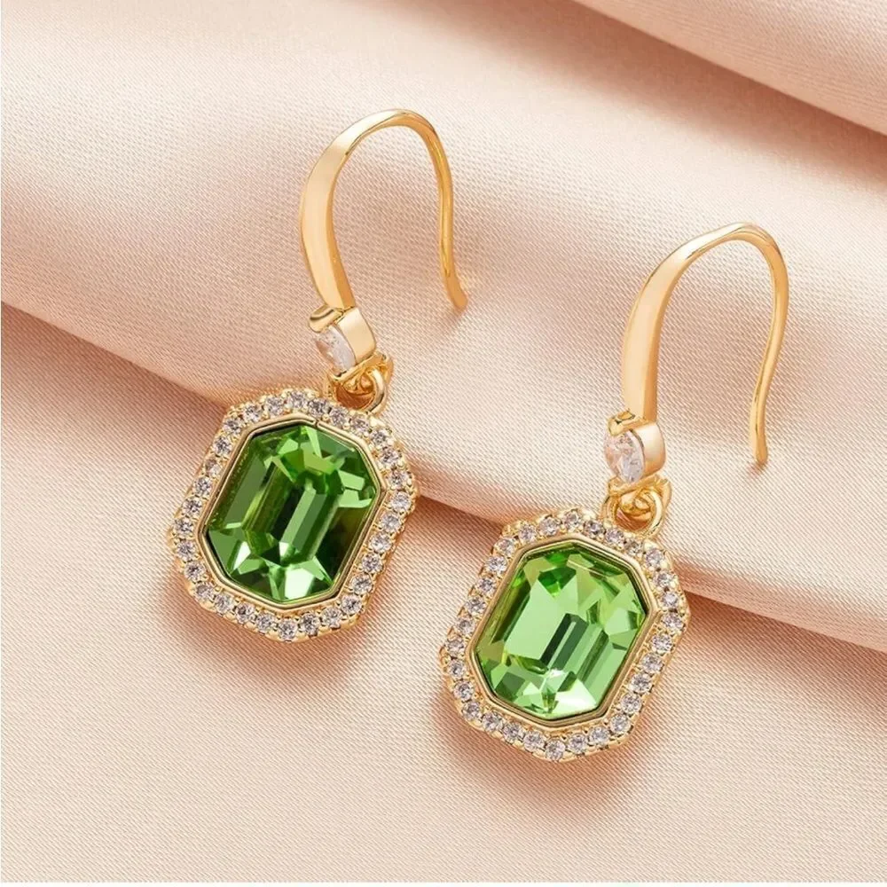 14K Yellow Gold with Fern Green Austrian Crystal Octagon Halo Hook Earrings